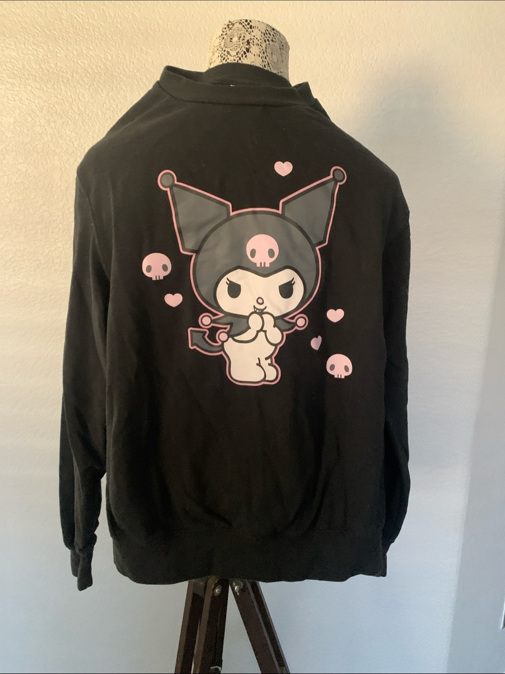 Sanrio Kuromi Black Crewneck Sweater with Pink Accents